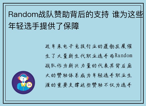 Random战队赞助背后的支持 谁为这些年轻选手提供了保障