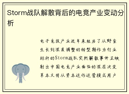 Storm战队解散背后的电竞产业变动分析